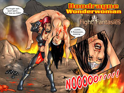 beaten blood bloodrayne catfight dc_comics defeated fight fightfantasiesart imminent_death majesco nichx rayne violence wonder_woman wonder_woman_(series)