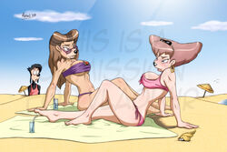 2girls anthro areola_slip azrael beach bear bikini blush brown_hair canine cleavage clothes day disney dog duo_focus female fur furry goof_troop hair hoop_earrings male mammal max_goof milf multiple_females niicko outdoors peg_pete rebecca_cunningham reclining sand sitting sky tagme talespin umbrella yuri