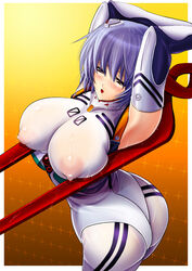 1girls :d arched_back areola areolae armpits arms_behind_head arms_up ass bangs blue_hair blush bodysuit breast_press breasts clothing curvy elbow_gloves erect_nipples erect_nipples_under_clothes female female_only gem gloves gradient hair hair_ornament huge_ass huge_breasts human kawaraya kawaraya_a-ta lance_of_longinus large_breasts looking_away naughty_face neon_genesis_evangelion nipples open_mouth pale-skinned_female pale_skin pilot_suit plugsuit puffy_nipples red_eyes rei_ayanami see-through see-through_clothing short_hair skin_tight smile solo weapon wet wet_clothes