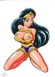 1girls 2009 andysdames black_hair blue_eyes bondage breasts cleavage clothed clothing dc_comics earrings exposed exposed_breasts exposed_nipples female female_focus female_only hair kneeling lasso_of_truth light-skinned_female light_skin long_hair looking_at_viewer looking_back nipples simple_background solo solo_focus spread_legs tagme tiara uncensored white_background wonder_woman wonder_woman_(series)