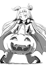 blush cape female halloween horns jack-o'-lantern kantai_collection legwear long_hair monochrome murakumo_(kantai_collection) pumpkin shaved_pussy shoes small_breasts smile solo takayama_chihiro