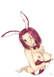 1girls between_breasts blue_eyes blush breasts bunny_ear bunnysuit code_geass female female_only highres kallen_stadtfeld large_breasts nipples object_between_breasts pinup red_hair short_hair simple_background solo taka_tony white_background wink wrist_cuffs