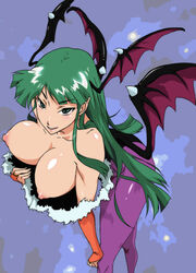 bat_wings blunt_bangs boa breasts bridal_gauntlets clothing darkstalkers demon_girl feather_boa green_eyes green_hair head_wings headwings highres hime_cut huge_breasts large_breasts long_hair morrigan_aensland nipples pantyhose puffy_nipples succubus wings wittsu yuukami_(wittsu)