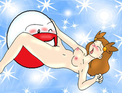 brown_hair closed_eyes cunnilingus electrode_(pokemon) female jasmine_(pokemon) licking_pussy mouth_open nude open_mouth orgasm_face pokemon pokemon_gsc pokephilia pussy sky stars tagme