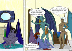 4girls angela_(gargoyles) blue-skinned_female blue_skin brown-skinned_female brown_skin daughter delilah_(gargoyles) demona dialogue disney fab3716 female female_only french_text gargoyles green-skinned_female green_skin humanoid masturbation mature mature_female mother mother_and_daughter multiple_girls nipples nude nude_female ophelia_(gargoyles) purple-skinned_female purple_skin tail_insertion teal_body toilet waiting wings