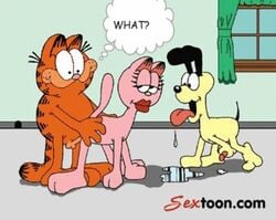 1girls 2boys ambiguous_penetration animated anthro arlene_(garfield) balls being_watched canine closed_eyes drooling edit english_text feline female feral garfield_(series) garfield_the_cat gif indoors lips lipstick male masturbation odie open_mouth penis sextoon smile testicles text