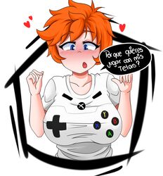 1girls big_breasts blue_eyes blush breasts clothed comicomryu embarrassed female female_only game_controller janice_(comicomryu) large_breasts microsoft motoanexo open_mouth red_hair ryumxr short_hair solo solo_female spanish_text speech_bubble text xbox_controller