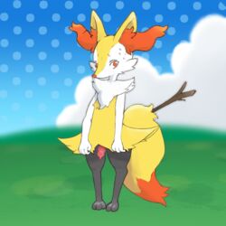 1:1 animal_genitalia animal_penis anthro bodily_fluids braixen canid canine canine_penis digitigrade femboy fox genitals male male_only mammal nintendo obscenecanary penis pokémon_(species) pokemon pokemon_(species) pokemon_amie solo sweat video_games