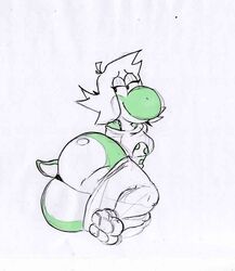 anthro big_ass big_butt breasts casual_clothes casual_clothing champiart drawn exposed_ass eyelashes eyeshadow female female_only green_skin mario_(series) milf mother reptile reptile_humanoid shoes simple_background white_hair white_pants white_shirt white_shoes wide_hips yoshi yoshi_egg