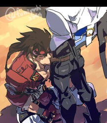 2344 2boys arc_system_works belt belt_buckle black_gloves buckle closed_eyes english_text fellatio fingerless_gloves gay gloves guilty_gear guilty_gear_strive hair_between_eyes headband ky_kiske long_hair long_ponytail male male_only multiple_boys oral outdoors pectorals red_footwear sleeves_rolled_up sol_badguy squatting standing tagme twitter_username yaoi
