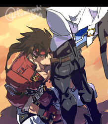 2344 2boys arc_system_works belt belt_buckle black_gloves brown_eyes buckle english_text fellatio fingerless_gloves gay gloves guilty_gear guilty_gear_strive hair_between_eyes headband ky_kiske long_hair long_ponytail male male_only multiple_boys oral outdoors pectorals red_footwear sleeves_rolled_up sol_badguy squatting standing tagme twitter_username yaoi