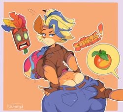 aku_aku ass ass_cleavage ass_grab big_ass big_breasts big_butt blonde_hair breasts bubble_butt butt_crack crash_(series) crash_bandicoot_(series) crash_bandicoot_4:_it's_about_time disembodied_hand dyed_hair fat_ass female grabbing_ass hands_on_hips huge_ass huge_breasts large_ass large_breasts looking_back looking_back_at_partner looking_back_at_viewer male pirate_tawna short_blonde_hair short_hair squeezing_ass tagme text_bubble thick_ass thick_thighs uuforya wide_hips wumpa_fruit