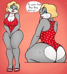 1girls anthro ass beauty_mark big_breasts big_butt blonde_hair breasts bugs_bunny butt cleavage clothed clothing digital_media_(artwork) eyeshadow female female_only fembugs_bunny footwear fur furry genderswap grey_body grey_fur hair hi_res high_heels huge_butt lagomorph leporid lipstick looking_at_viewer looking_back looney_tunes makeup mammal marilyn_monroe marilyn_monroe_(cosplay) one-piece_swimsuit open_mouth oystercatcher7 rabbit red_lipstick rule_63 shoes simple_background solo swimsuit swimwear teeth text thick_thighs warner_brothers white_body white_fur wide_hips