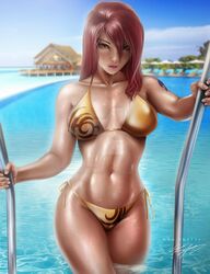 1girls arm_tattoo bikini blush brown_eyes climbing curvy deviantart_logo erza_scarlet fairy_tail female getting_out_of_pool gold_bikini highres long_hair looking_at_viewer mad_traffi madtraffi29 plump_lips pool red_hair solo swimsuit tagme tropical_resort wet wet_skin