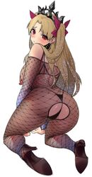 ass bare_shoulders blonde_hair blush bodysuit breasts choker earrings ereshkigal_(fate) fate/grand_order fate_(series) female fishnet_bodysuit fishnets glowing high_heels jewelry kneeling large_breasts long_hair looking_at_viewer looking_back nimji red_eyes ribbon sideboob simple_background solo third-party_edit thong tiara twintails white_background yang-do yd_(orange_maru)