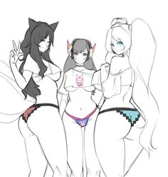 ahri ass black_hair blue_eyes blue_panties brown_eyes crop_top_overhang d.va female league_of_legends no_pants overwatch panties pixel_panties print_panties red_panties sona_buvelle thick_thighs thin_arms underboob underwear waist yellow_eyes