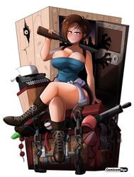 1girls alternate_version_available bare_shoulders biohazard blue_eyes blush boots breasts brown_hair cleavage clothed comicomryu crossed_legs curvy erect_nipples female female_only firearm gun handgun highres huge_areolae huge_ass huge_breasts human jill_valentine jill_valentine_(julia_voth) large_breasts looking_at_viewer pale_skin pencil_skirt puffy_nipples resident_evil resident_evil_3 ryumxr short_hair shotgun skirt smile solo thick_lips tubetop typewriter voluptuous weapon wide_hips