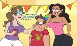 1boy 2girls ass big_ass big_breasts big_butt black_hair breasts brown_hair disney disney_channel female gravity_falls hourglass_figure huge_ass huge_breasts huge_butt hugotaker incest legs male multiple_girls smile soos_ramirez straight_hair tight_pants