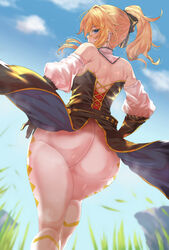 1girls ass ass_focus big_ass blonde_hair female from_behind genshin_impact hi_res huge_ass jean_gunnhildr ponytail sweat tight_fit tight_pants wakura_(gcdan)