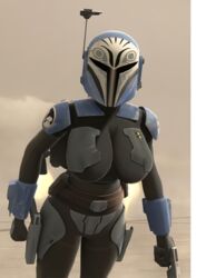 1girls alternate_breast_size armor big_breasts blaster bo-katan_kryze breasts clothed clothed_breasts clothing female_only firearm flying front_view fully_clothed gun helmet holding_gun holding_weapon jetpack mandalorian outdide paperface science_fiction star_wars star_wars_rebels weapon