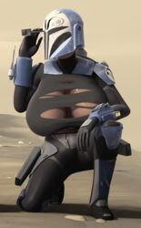 1girls alternate_breast_size armor big_breasts blaster bo-katan_kryze breasts clothed clothing female_only firearm gun helmet mandalorian outside paperface ripped_clothing star_wars star_wars_rebels torn_clothes weapon