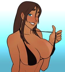 black_bikini blue_eyes brown_hair brunette cleavage emily_(mrpotatoparty) large_breasts long_hair micro_bikini mrpotatoparty original original_character tanline thong_bikini wink