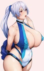 1girls areolae areolae_slip fate/grand_order fate_(series) female female_only gigantic_ass gigantic_breasts huge_ass huge_breasts huge_nipples kunaboto pubic_hair pubic_hair_peek red_eyes revealing_clothes solo solo_female swimsuit tomoe_gozen_(fate) tomoe_gozen_(swimsuit_saber) venus_body white_hair