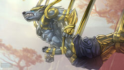 1boy 2019 abs anthro armor balls biceps blue_eyes bottomwear boxers_(clothing) canid canine canis claws clenched_teeth clothed clothing colored digital_media_(artwork) erection foreskin fur gauntlets genitals gloves gold_(metal) handwear hi_res humanoid_genitalia humanoid_penis league_of_legends lunar_guardian_nasus male male_only mammal masturbation muscular muscular_anthro muscular_male nasus partially_clothed pecs penile penile_masturbation penis retracted_foreskin riot_games shaded sharp_teeth solo teeth todex uncut underwear vein veiny_penis video_games watermark wolf