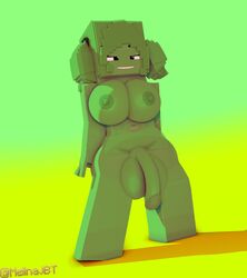 1futa 3d areolae balls big_breasts big_penis breasts busty character cleavage flaccid full_body futa_only futanari green_body green_hair green_skin huge_balls humanoid humanoid_penis melinajbt mine-imator minecraft monster_girl nude omi_(melinajbt) penis slime_girl solo standing testicles voluptuous