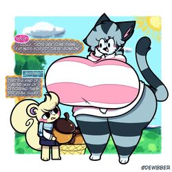 1boy 1girls :3 animal_crossing anthro big_breasts blush breasts claws clothed clothing cute cute_fang dewbber dialogue duo embarrassed english_text felid feline felis female fluffy fluffy_tail food fur furry furry_only happy heart huge_breasts large_breasts larger_female lolly_(animal_crossing) looking_at_viewer looking_down male mammal marshal_(animal_crossing) nintendo nipples open_mouth pawpads paws rodent size_difference smaller_male standing sweat tail teeth text thick_thighs tongue wet wide_hips