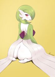 :o ambiguous_gender anthro ass big_ass blush bottom_heavy eye_contact fraankyy gardevoir generation_3_pokemon green_hair green_skin looking_at_viewer looking_back nintendo pokémon_(species) pokemon pokemon_(species) pokemon_rse red_eyes sitting thick_ass white_skin yellow_background