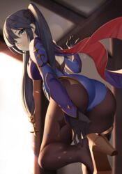 ass backlighting big_ass big_butt black_gloves black_hair blue_leotard breasts brown_legwear cape female from_behind frown fully_clothed genshin_impact gloves green_eyes high_heels highres huge_ass huge_butt large_ass large_butt leg_up leotard long_hair long_sleeves looking_at_viewer looking_back maemi_(maemi12) medium_breasts mona_(genshin_impact) no_hat no_headwear pantyhose solo standing standing_on_one_leg thick twintails very_long_hair