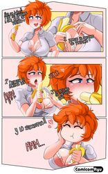 1girls banana big_breasts blue_eyes bra breasts cleavage clothed comicomryu eating female female_only fruit happy janice_(comicomryu) large_breasts licking licking_banana open_mouth red_hair ryumxr short_hair solo spanish_text tongue_out