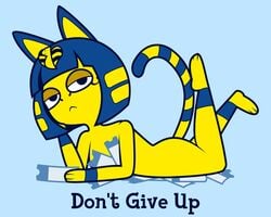 1girls 2020 :< animal_crossing ankha anthro blue_hair cat_ears cat_tail catgirl english_text felid feline felis female female_only fur furry furry_only half-closed_eyes hi_res inspirational lying motivational nintendo nude nude_female quote rsinnamonroll simple_background solo tail text yellow_body yellow_fur