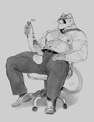 2020 absurd_res anthro balls belt cellphone chair clothed clothing cougar erection eyewear felid feline furniture genitals glasses hi_res male male_only mammal monochrome navel necktie nipple_piercing nipples office_chair open_clothing open_shirt open_topwear penis penis_through_fly phone piercing poking_out repzzmonster repzzmonster_(character) shirt simple_background sitting smartphone solo solo_male topwear whiskers