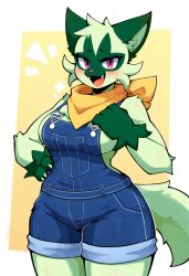 absurd_res ai_generated anthro anthrofied bandana blush breasts clothing cute_fangs feline female floragato fur generation_9_pokemon green_body green_fur hellsonger hi_res looking_at_viewer mammal nintendo open_mouth overalls pokemon pokemon_(species) pokemorph scarf simple_background smile snaggle_tooth solo