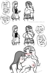 2girls bangs blush breast_sucking breasts chubby chubby_female closed_eyes dialogue female female_only long_hair nipples original ravenemore shorts skirt smile speech_bubble text yuri