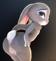 2020 anthro ass conditional_dnp disney female fingers flat_chest fur genitals hi_res judy_hopps lagomorph leporid long_ears looking_at_viewer mammal mercurial64 nude pink_nose purple_eyes pussy rabbit raised_inner_eyebrows simple_background solo zootopia