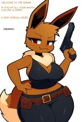 1girl 1girls 2024 2024s ai_generated anthro anthrofied belt big_breasts bottomwear breasts canid canine canis cleavage clothed clothing curvy_figure cute_fangs eevee eeveelution female female_focus female_only fur furry furry_female game_freak gen_1_pokemon generation_1_pokemon gun hand_on_hip handgun hellsonger hi_res holding_gun holding_object holding_weapon looking_at_viewer mammal neck_tuft nintendo pistol pokémon_(species) pokemon pokemon_(creature) pokemon_(franchise) pokemon_(game) pokemon_(species) pokemon_rgby pokemorph ranged_weapon red_eyes simple_background smile solo tail thick_thighs thighs topwear tuft weapon white_background wide_hips