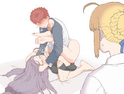 1boy 2girls ahoge anger_vein artoria_pendragon banned_artist bar_censor barefoot blonde_hair blush bottomless braid braided_bun censored closed_eyes collarbone emiya_shirou fate/stay_night fate_(series) feet fellatio glasses heart long_hair low-tied_long_hair medusa_(fate) mo_(kireinamo) multiple_girls open_mouth oral orange_hair penis pillow purple_hair raglan_sleeves ribbon saber shaded_face short_hair sidelocks sweat sweater very_long_hair visible_air