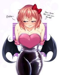 1female 1girls blue_eyes bodysuit bow breasts collarbone cosplay crossover crossover_cosplay doki_doki_literature_club english_text female female_focus front_view hair_bow hairbow human jpeg onyxvoyd red_bow red_hair_bow red_hairbow rouge_the_bat_(cosplay) rubber rubber_clothing sayori_(doki_doki_literature_club) sega solo_focus sonic_(series) sonic_the_hedgehog_(series) strawberry_blonde_hair text