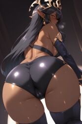 ai_generated ass ass_focus back_view blush dark-skinned_female dark_elf dark_skin elf gloves heavy_breathing huge_ass kuroinu_~kedakaki_seijo_wa_hakudaku_ni_somaru~ looking_at_viewer olga_discordia shiny_skin stockings sweat tiara