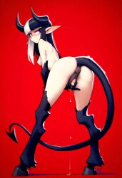 ai_generated black_hair cookie-girl demon_girl demon_horns demon_tail digitigrade equine_pussy from_behind from_behind_position hooves horns horsepussy long_hair looking_at_viewer looking_back looking_back_at_viewer lucie_(oc) masturbating masturbation medium_breasts naked original_character pointy_ears presenting_anus presenting_ass presenting_pussy pussy_juice red_eyes simple_background smirk smirking_at_viewer