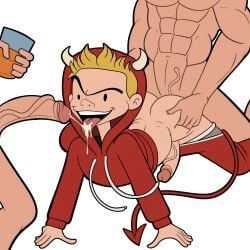 3boys all_fours anal ass blonde_hair boxers cartoony costume cum cum_in_mouth cum_on_tongue demon_costume demon_horns demon_tail erect_penis erection gay grabbing_ass grey_underwear halloween hoodie horns iyumiblue jimmy_brando light-skinned_male light_skin male male_only muscular muscular_male pants pants_down penis png red_hoodie red_pants scary_godmother_(series) spitroast threesome tongue_out transparent_background underwear veiny_penis yaoi