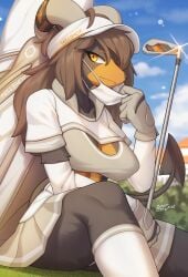 absurd_res absurdres bra brown_hair golf_cap golf_club golf_outfit horns houndoom large_breasts mask orange_eyes personification pokemon pokemon_(species) zinfyu