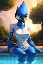 ai_generated anthro avian beak bird blue_jay clothing corvid feathers female jay_(bird) new_world_jay nipple_outline oscine passerine shirt solo t-shirt t-shirt_only tail_feathers topwear wet wet_clothing