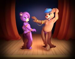 adventures_of_the_gummi_bears anthro apinkgrape barefoot blue_hair breasts brown_body brown_fur clothing collar curtains dancing disney duo female female/female fiona_gummi_(fan_character) flat_chest fur gold_(metal) hair hairgrape hi_res nipples purple_body purple_fur red_nose slave small_breasts stage translucent translucent_clothing young yuri