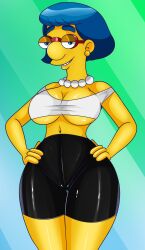 1girls black_shorts blue_hair breasts cleavage clothing female female_only glasses hourglass_figure human looking_at_viewer luann_van_houten mature_female milf necklace pearl_necklace seductive_look seductive_smile solo solo_female sonson-sensei the_simpsons voluptuous voluptuous_female wide_hips yellow_skin