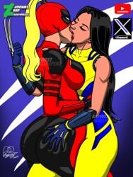 ass_grab black_hair blake_lively blonde_hair claws claws_out clothing deadpool_&_wolverine_(2024) kaywest kissing lady_deadpool ladypool ladypool_(blake_lively) laura_kinney long_hair marvel marvel_comics ponytail wanda_wilson x-23 x-men yuri