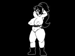 4:3 animal_humanoid black_and_white boots breasts clothing female fish fish_humanoid footwear genitals hair humanoid long_hair marine marine_humanoid mildred_(artist) monochrome nipples ponytail pussy slightly_chubby solo sprite undertale undyne video_games